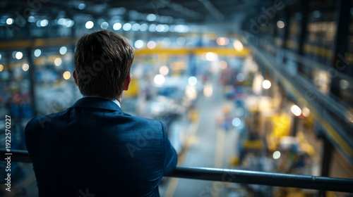 Corporate Manager Overlooking Industrial Factory Floor from Balcony, Strategic Asset Management and Manufacturing Leadership Concept