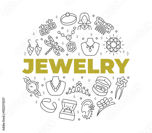 Elegant circular arrangement of minimalist jewelry line icons featuring rings, necklaces, earrings, and watches around a central "JEWELRY" gold text.