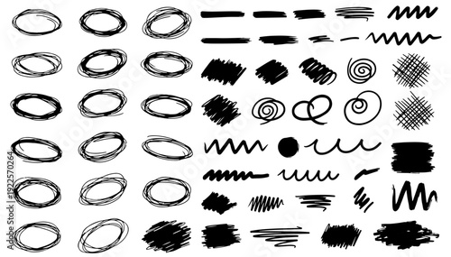 A collection of various black brushstroke shapes and textures arranged in a grid pattern