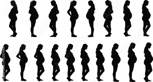Black Silhouette of Pregnant Women Showing Pregnancy Stages and Body Progression, Maternal Health, Motherhood Journey, Prenatal Development, and Gestation Cycle,