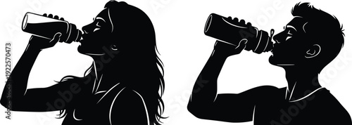Black Silhouette of Man and Woman Drinking Water from Sports Bottles, Profile View of Athletic Male and Female Characters, Hydration,