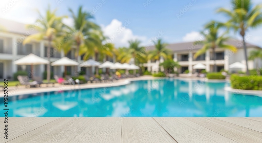 Fototapeta premium Blurred resort scene with pool, palms, parasols, and wooden foreground