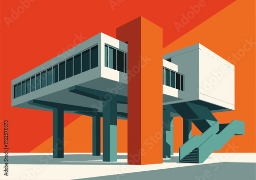 Futuristic Vector Illustration of Two Cantilevered Architectural Buildings with Vibrant Orange Background in 3D Design Style
