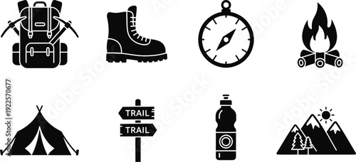 Camping icon set for outdoor adventures and travel planning
