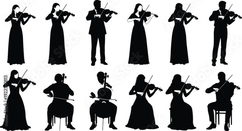 Black Silhouette Set of Professional Musicians Playing Violin and Cello, Classical Orchestra Performance with Male and Female String Instrument Artists,