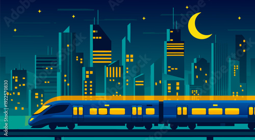 Sleek Futuristic Bullet Train Vector Illustration Traveling Through Modern Night Cityscape Under Yellow Crescent Moon
