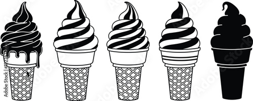 Black Silhouette Set of Soft Serve Ice Cream Cones with Swirl Toppings, Sweet Dairy Dessert Icons for Summer Food, Gelato,