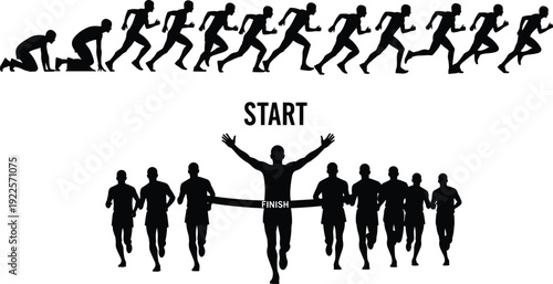 Black Silhouette Set of Runners Starting Race and Crossing Finish Line Ribbon, Marathon Athletes Sprinting for Competition, Success, and Achievement,