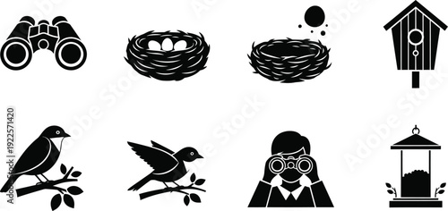 Bird watching icon set birdhouse binoculars nest bird feeder and bird silhouettes