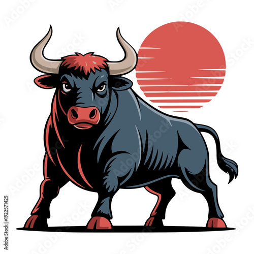 Strength in the Spotlight: A powerful illustration of a bull, representing strength, determination, and resilience, stands confidently, radiating an aura of unwavering resolve against a stylized sun.