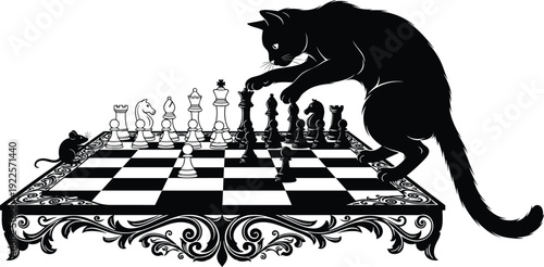 Black and white illustration of cat and mouse playing chess on ornate board, humorous animal silhouette artwork, creative vector design for strategy, competition, and entertainment themes
