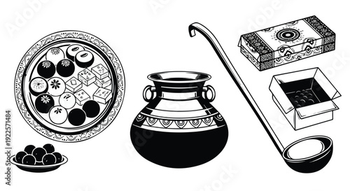 Black and white illustration of traditional Yerba Mate setup with gourd, straw, and snacks on a clean white background.