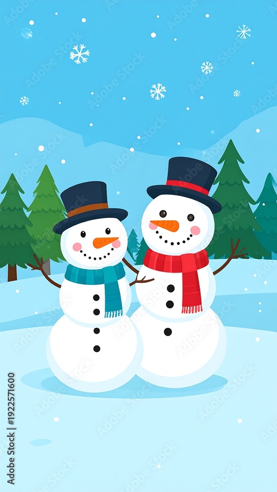 Obraz premium Two cheerful snowmen in a snowy landscape with trees