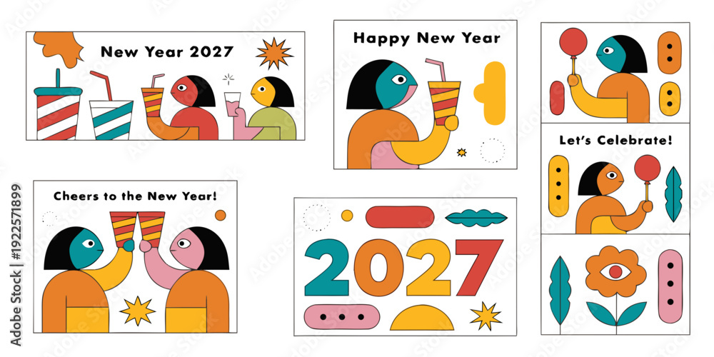 Fototapeta premium New Year 2027 Celebration Illustrations – Vibrant Abstract Greeting Designs, Festive Holiday Templates & Creative NYE Artwork Collection