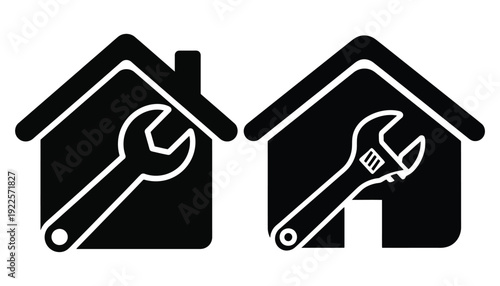 Two house icons with wrench symbols representing home repair and maintenance services