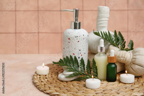Obraz na plátně Set of spa supplies with bottles of cosmetic oil, herbal bags, fern branches and