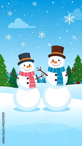 Two cheerful snowmen in winter landscape