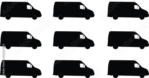 Black Van Silhouette Icons Set, Commercial Delivery Vehicle Side View Graphics for Logistics, Transportation, Shipping, and Courier Service Branding Illustration.