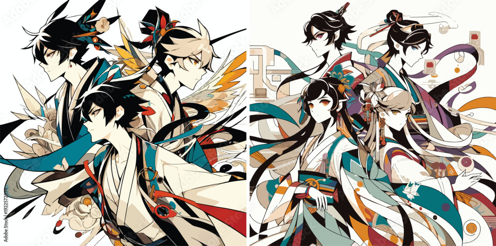 Obraz premium Contemporary Anime Vector Art set Japanese Touch on white background