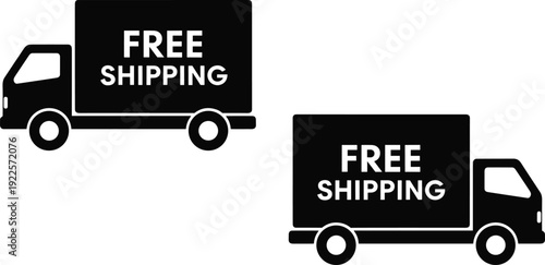 Black silhouette delivery trucks with bold FREE SHIPPING text, promotional e‑commerce icon design for logistics, courier service, online shopping, fast transport, and marketing campaign visuals