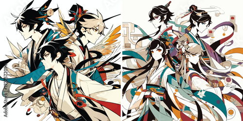 Contemporary Anime Vector Art set Japanese Touch on white background