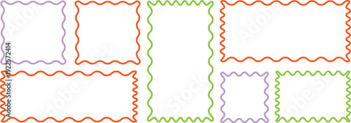 Color rectangle frames with wiggly borders. Different wavy shapes with squiggly edge border. Set of Zigzag wavy edges, rectangles, photo frames, text boxes, labels. Scallop frame set.