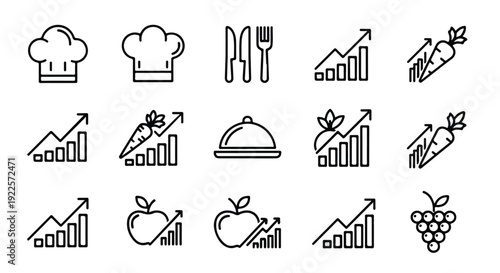 A flat lay of various line icons depicting food, utensils, and graphs on a white background, conveying a business or restaurant theme with a minimalist style.