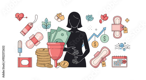 Silhouette of a woman surrounded by menstrual cycle icons, hygiene products, coins, bills, and economic growth indicators.
