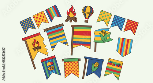 Colorful festive pennants with polka dots, stripes, bonfires, corn, and a hot air balloon are scattered on a light background.