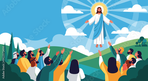 Jesus Christ ascends into a bright, cloudy sky with sun rays as many people below raise their hands.