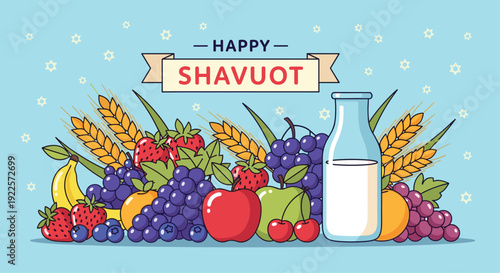 A Happy Shavuot banner above fresh fruits, wheat stalks, and a milk bottle on a light blue background.