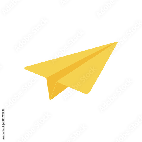 Yellow paper airplane glides gracefully through air against clean white background showcasing simplicity and creativity in minimalistic style