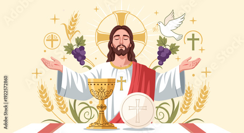 Jesus Christ with open arms surrounded by cross, grapes, wheat, dove, chalice, and communion bread.