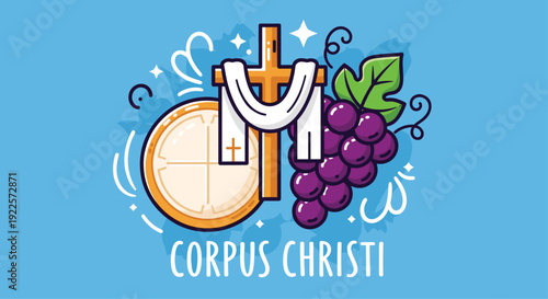 Corpus Christi illustration features a cross draped in white cloth, communion bread, and grapes on a blue background.
