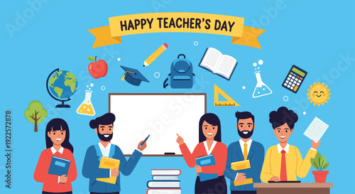 A group of smiling teachers stand in front of a whiteboard with school supplies and Happy Teacher's Day text.