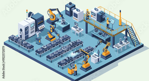 Isometric factory floor showing robotic arms on assembly lines and workers monitoring production in an industrial setting.