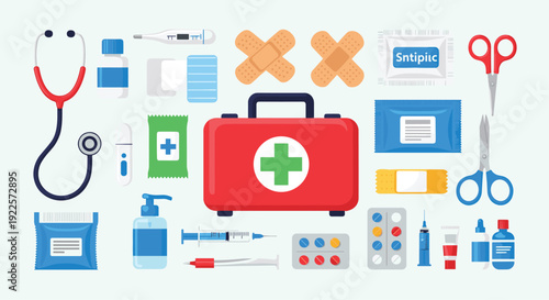 Flat lay collection of medical first aid supplies and equipment including a red kit, stethoscope, bandages, and pills.