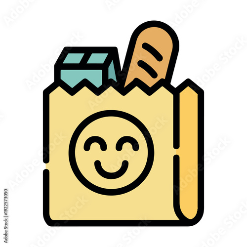 Happy face shopping bag with fresh bread and milk carton poking out simple illustration style with beige background and minimalist design