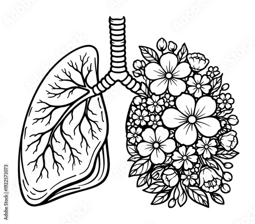Human Lungs With Blooming Flowers, Anatomical And Botanical Fusion Art, Medical And Nature Concept Illustration, Detailed Black And White Line Design