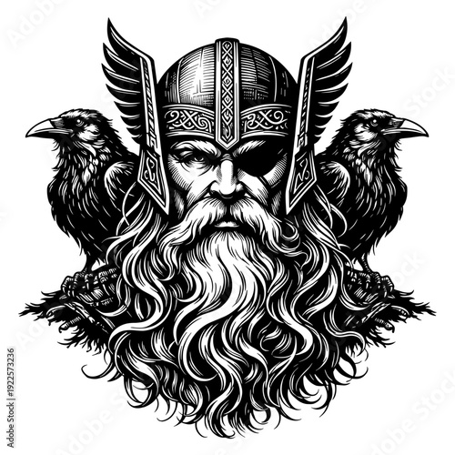 Odin Head With Ravens And Viking Helmet, Norse Mythology God Portrait Illustration, Detailed Warrior Beard Art, Black And White Engraving Style Graphic