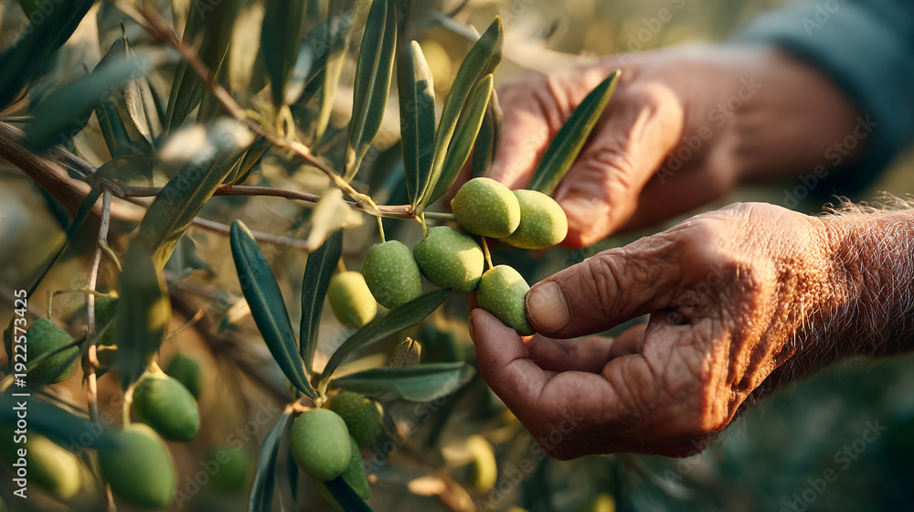 Fototapeta premium Close-up of hands harvesting green olives from an olive tree branch