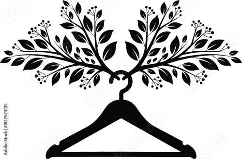Creative clothes hanger with tree branches and leaves, eco fashion and sustainable clothing concept, black silhouette vector illustration isolated on white