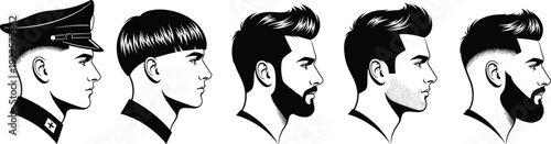 Black silhouette illustration of male heads with diverse hairstyles, facial hair, and grooming styles, representing fashion trends, barber concepts, and modern men’s haircut evolution design