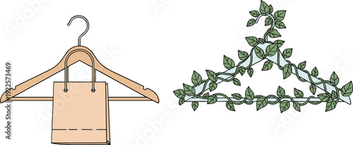 Eco friendly fashion concept with clothes hanger and paper shopping bag, natural leaf hanger design symbolizing sustainable clothing and ethical retail vector illustration