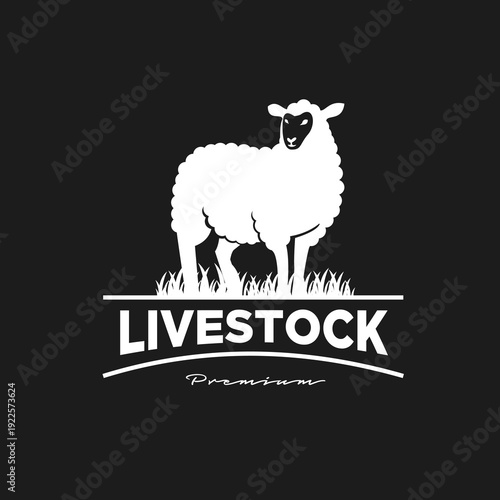 White sheep on grass with "LIVESTOCK Premium" text, a black and white farm animal logo design.