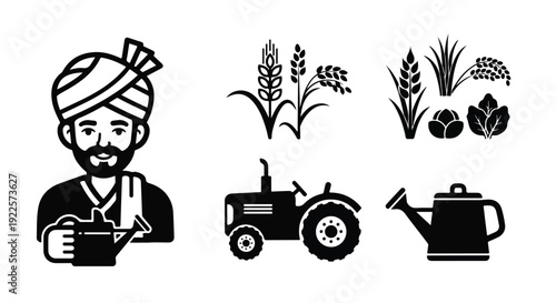 A bearded man in a turban holds a cup, surrounded by wheat, leaves, a tractor, and a watering can in a simple black and white graphic illustration.