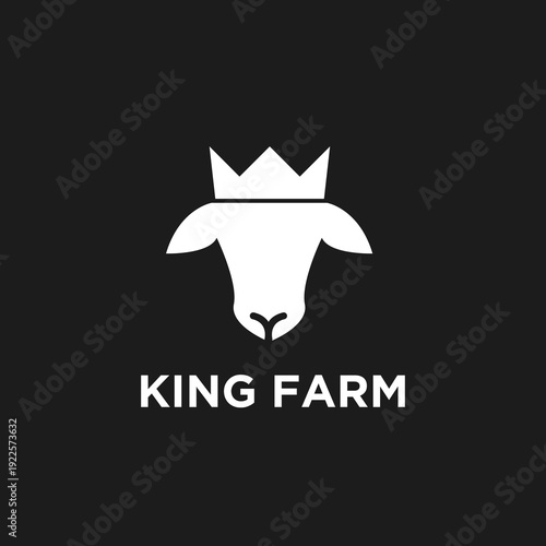 Minimalist White Goat Head with Crown King Farm Logo Design on Black Background
