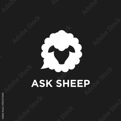 Ask Sheep Logo Design with Minimalist White Sheep Head in Speech Bubble on Black Background