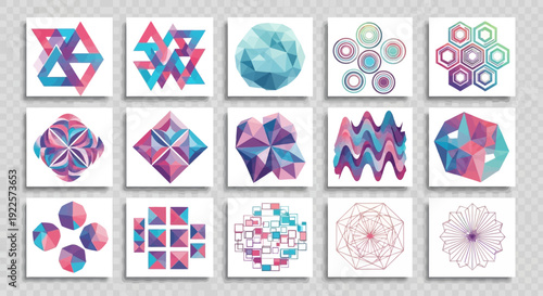 A collection of fifteen abstract geometric designs featuring various polygonal shapes, circles, and intricate patterns in a vibrant blue, purple, and pink color palette, arranged in a grid.