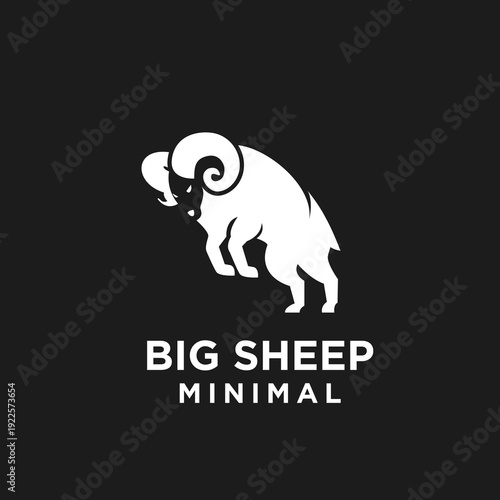 White Minimalist Bighorn Ram Sheep Logo Design on Black Background Vector Illustration